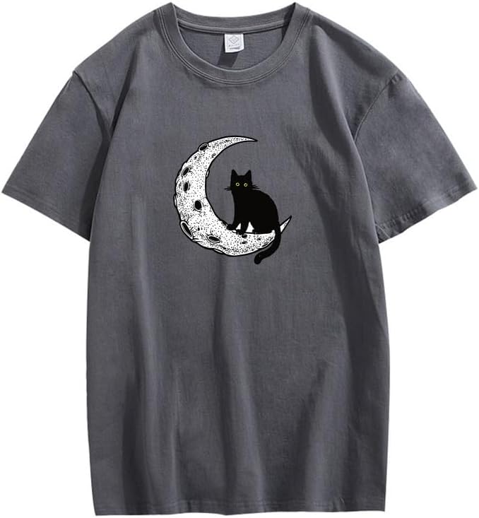 CORIRESHA Camiseta unisex de manga corta con cuello redondo y diseño de gato lunar, informal, de algodón suave