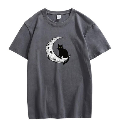 CORIRESHA Camiseta unisex de manga corta con cuello redondo y diseño de gato lunar, informal, de algodón suave