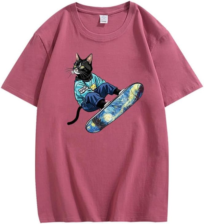 CORIRESHA Camiseta de algodón suelta de manga corta con cuello redondo y diseño de gato lindo para mujer