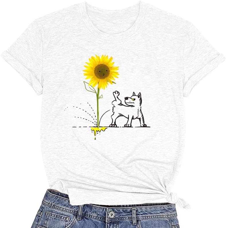 CORIRESHA Camiseta básica de manga corta con cuello redondo y estampado de girasol para mujer