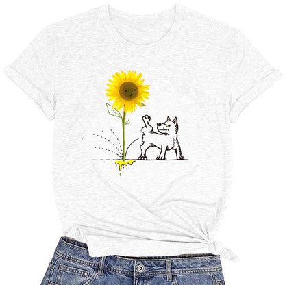 CORIRESHA Camiseta básica de manga corta con cuello redondo y estampado de girasol para mujer
