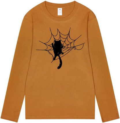 CORIRESHA Halloween Spider Web Crew Neck Long Sleeve Casual Cat Lover T-Shirt