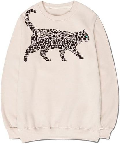 CORIRESHA Spotted Cat Crewneck Long Sleeve Cotton Cute Animal Pullover Sweatshirt