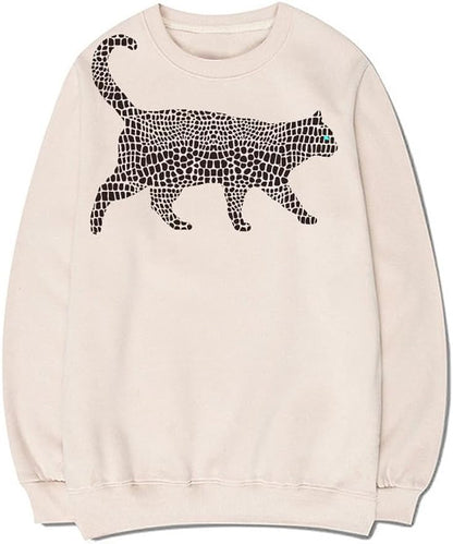 CORIRESHA Spotted Cat Crewneck Long Sleeve Cotton Cute Animal Pullover Sweatshirt