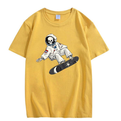 CORIRESHA Camiseta de astronauta con calavera para mujer, informal, cuello redondo, manga corta, para verano, skate