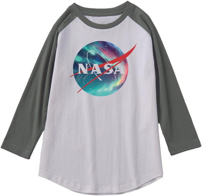 CORIRESHA Camiseta unisex de algodón con estampado de logotipo de la NASA y mangas raglán 3/4 con cuello redondo