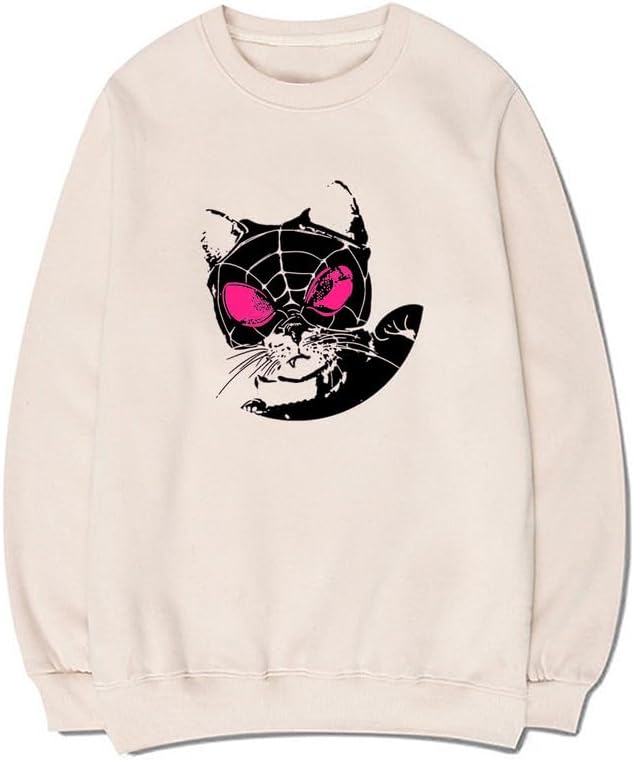 CORIRESHA Sudadera casual Y2K con diseño de telaraña para amantes de los gatos, cuello redondo, manga larga, para mujer