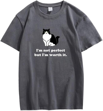 CORIRESHA Camiseta personalizada de algodón suelta casual de manga corta con cuello redondo de gato lindo para mujer
