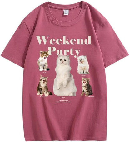 CORIRESHA Teen Cute Cat Graphic Crewneck Short Sleeve Casual Weekend Party T-Shirt