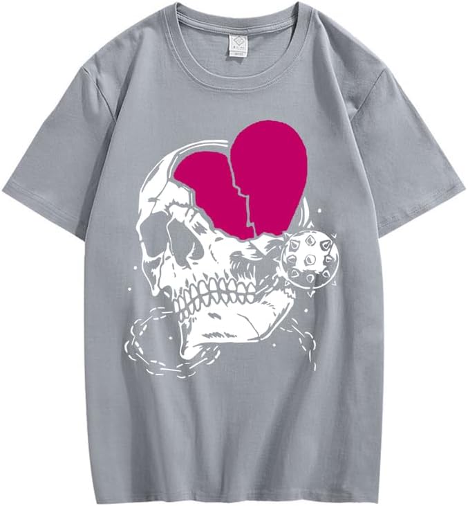 CORIRESHA Teen Cute Heart Crewneck Short Sleeve Casual Summer Cotton Skull T-Shirt