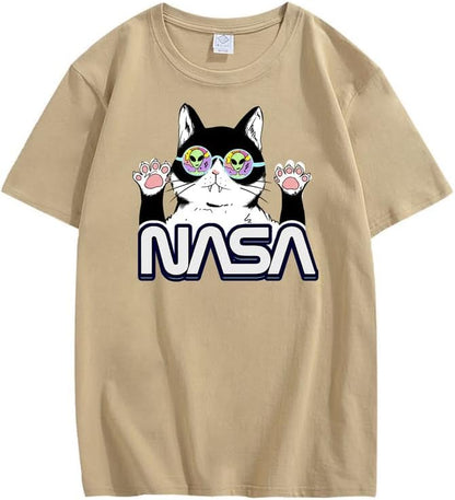 CORIRESHA Teen's NASA T-Shirt Casual Crewneck Short Sleeve Cute Cat Top