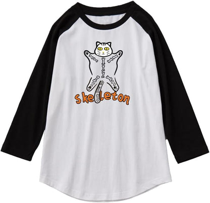 CORIRESHA Halloween Costume Funny Cats Skeleton Pattern 3/4 Raglan Sleeves Gothic T-Shirt