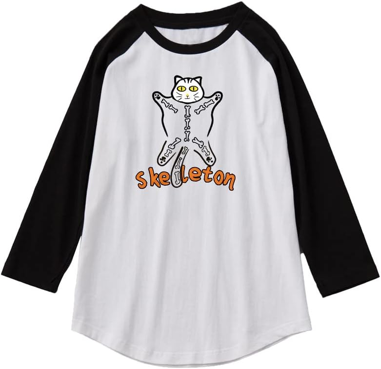 CORIRESHA Disfraz de Halloween con diseño de esqueleto de gatos divertidos, manga raglán 3/4, camiseta gótica