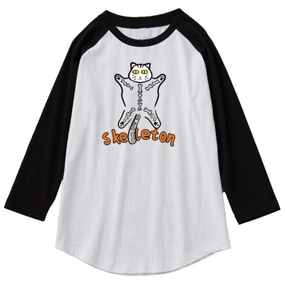 CORIRESHA Disfraz de Halloween con diseño de esqueleto de gatos divertidos, manga raglán 3/4, camiseta gótica