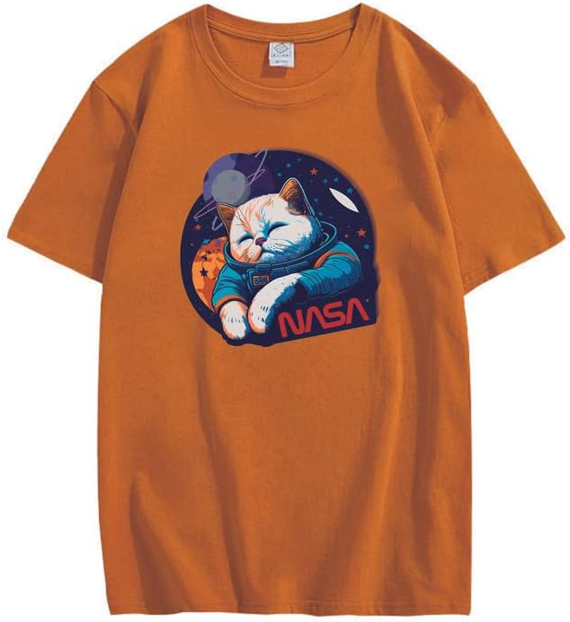 CORIRESHA Camiseta holgada de manga corta con cuello redondo de la NASA y gato lindo para adolescentes