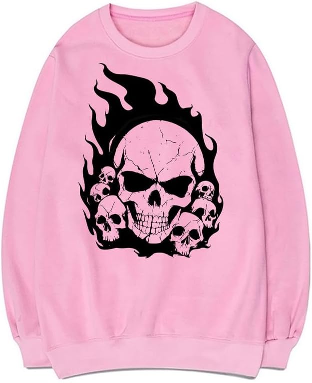 CORIRESHA Sudadera de Halloween estética Y2K de algodón de manga larga con llama de calavera adolescente