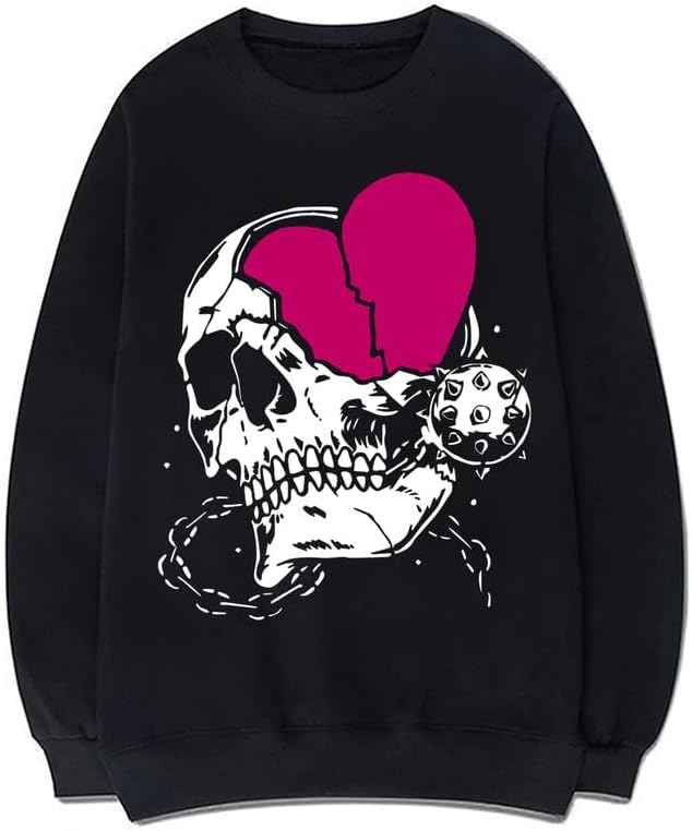 CORIRESHA Adolescente Casual Halloween Calavera Cuello Redondo Manga Larga Lindo Corazón Sudadera