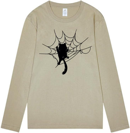 CORIRESHA Halloween Spider Web Crew Neck Long Sleeve Casual Cat Lover T-Shirt