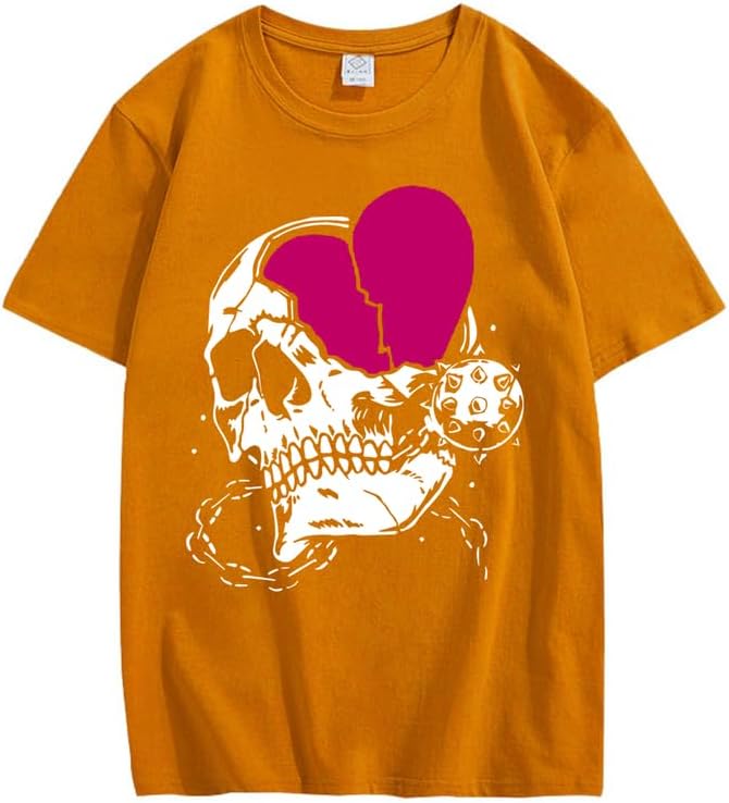 CORIRESHA Teen Cute Heart Crewneck Short Sleeve Casual Summer Cotton Skull T-Shirt