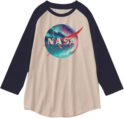 CORIRESHA Unisex NASA Logo Print Color Block 3/4 Raglan Sleeves Crew Neck Cozy Cotton T-Shirt
