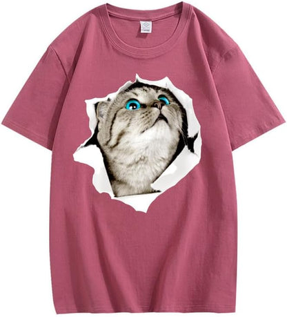 CORIRESHA Cat Lover Camiseta Cuello Redondo Manga Corta Suelta Algodón Suave Adolescente Lindo Top