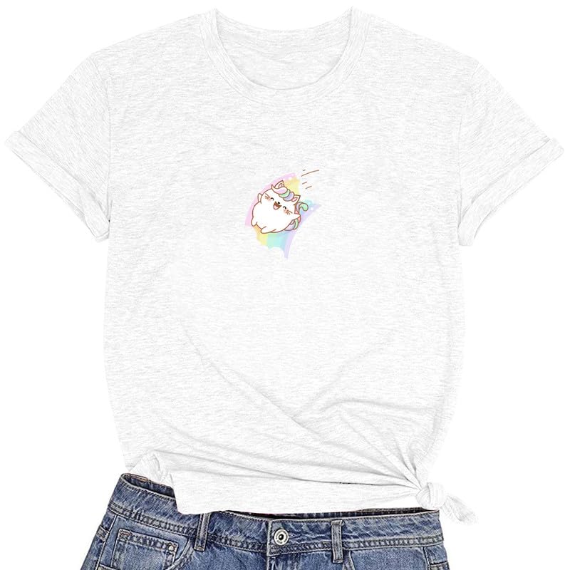 CORIRESHA Camiseta acogedora informal de verano de manga corta con cuello redondo y gato de dibujos animados para mujer