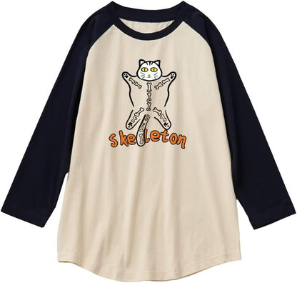 CORIRESHA Disfraz de Halloween con diseño de esqueleto de gatos divertidos, manga raglán 3/4, camiseta gótica