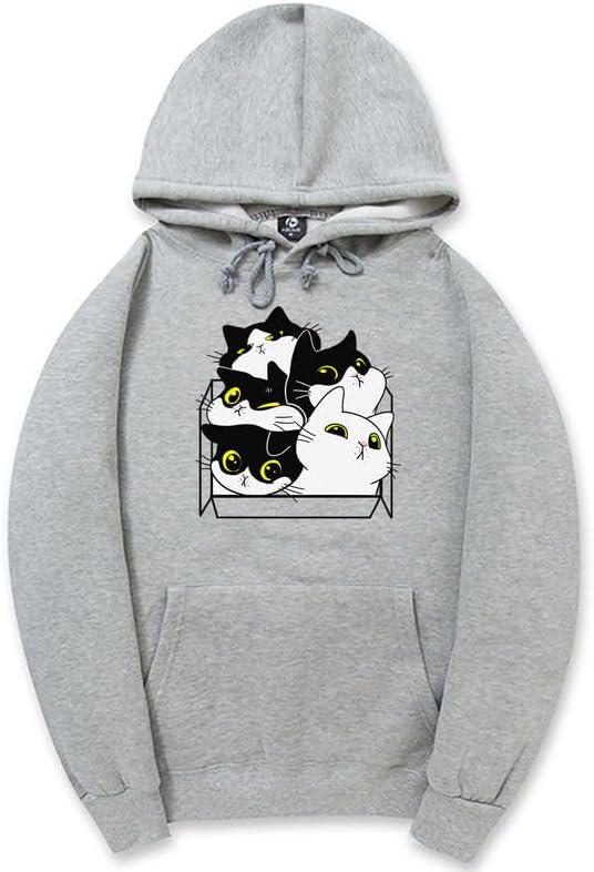 CORIRESHA Unisex Cute Cat Box Hoodie Long Sleeve Drawstring Pocket Casual Sweatshirt