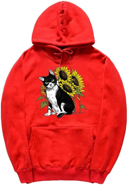 CORIRESHA Lindo Gato Sudadera con capucha Casual Manga Larga Cordón Girasol Sudadera