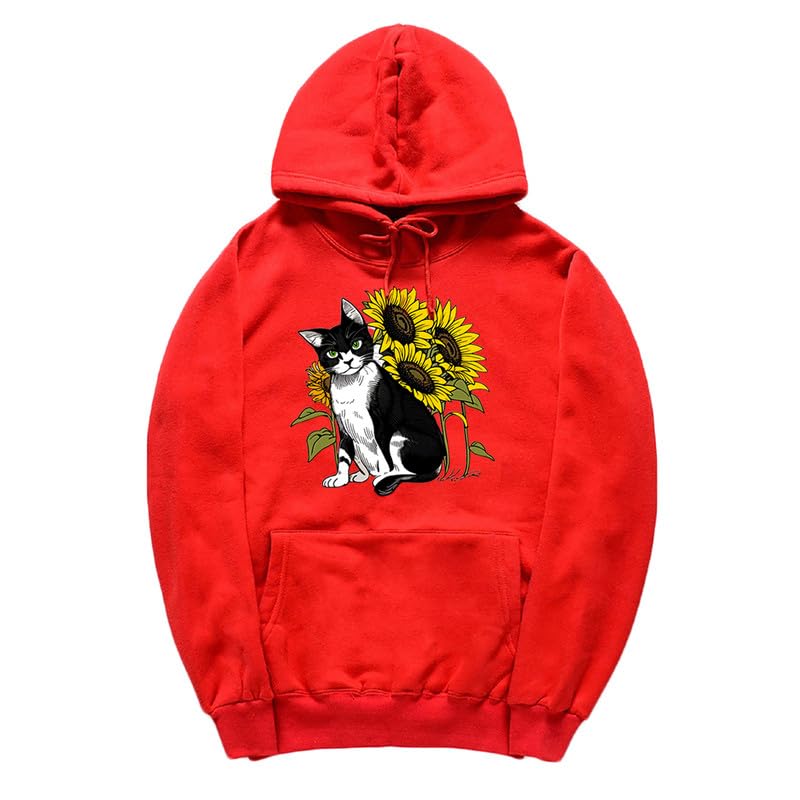 CORIRESHA Cute Cat Hoodie Casual Long Sleeve Drawstring Sunflower Sweatshirt