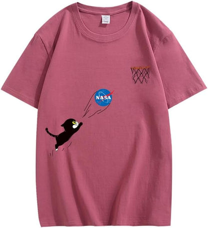 CORIRESHA Teen Cute Cat Crewneck Short Sleeve Summer Casual Basic NASA T-Shirt