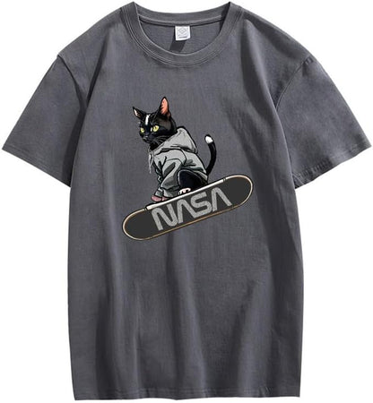 CORIRESHA Camiseta holgada informal de manga corta con cuello redondo y monopatín de gato para mujer