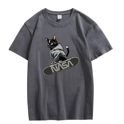 CORIRESHA Camiseta holgada informal de manga corta con cuello redondo y monopatín de gato para mujer