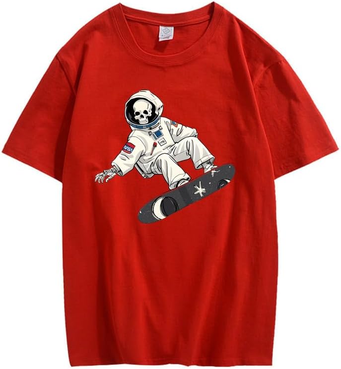 CORIRESHA Women's Skull Astronaut T-Shirt Casual Crewneck Short Sleeve Summer Skateboarding Top