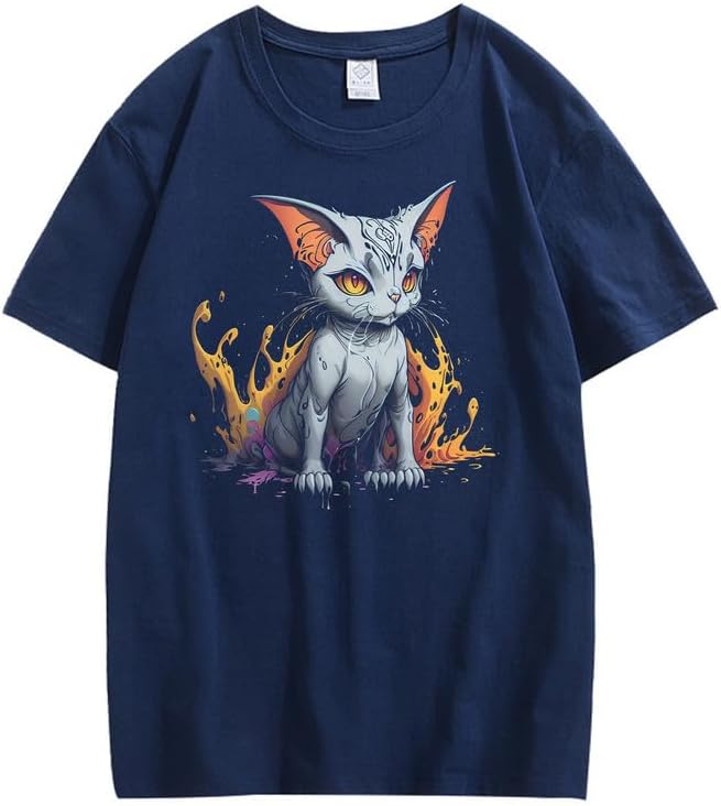 CORIRESHA Adolescente Lindo Gato Cuello Redondo Manga Corta Casual Verano Camiseta Básica