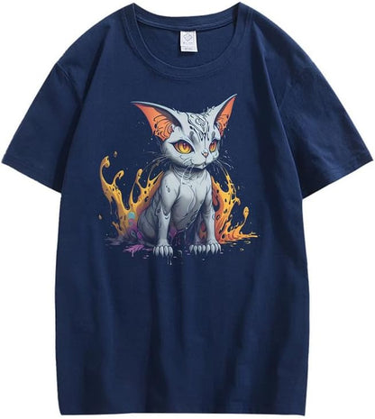 CORIRESHA Adolescente Lindo Gato Cuello Redondo Manga Corta Casual Verano Camiseta Básica