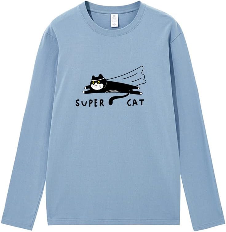 CORIRESHA Unisex Funny Run Cat Crewneck Long Sleeves Cozy Cotton Cute T-Shirts