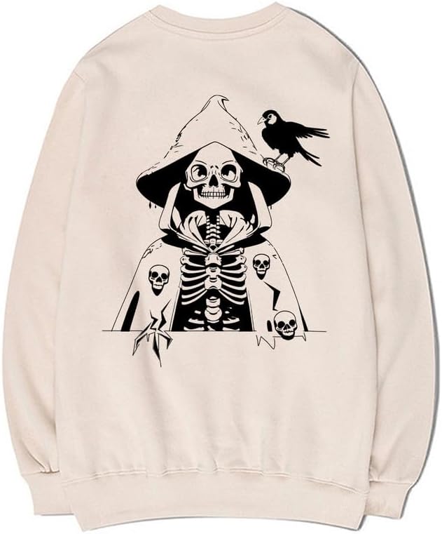 CORIRESHA - Sudadera de algodón para mujer con estampado de calavera de manga larga y cuello redondo