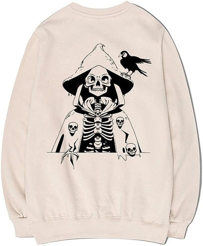 CORIRESHA - Sudadera de algodón para mujer con estampado de calavera de manga larga y cuello redondo