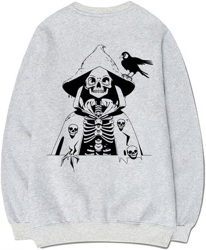 CORIRESHA - Sudadera de algodón para mujer con estampado de calavera de manga larga y cuello redondo