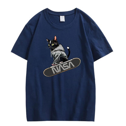 CORIRESHA Camiseta holgada informal de manga corta con cuello redondo y monopatín de gato para mujer