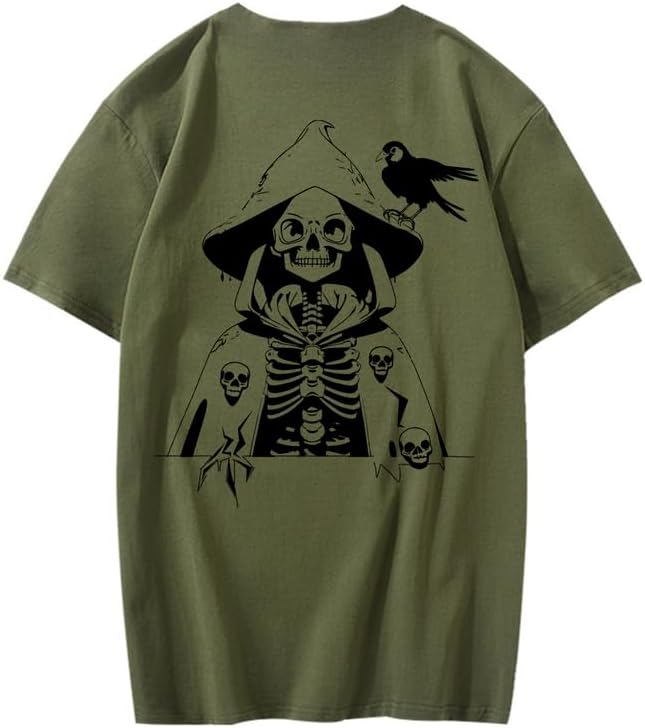 CORIRESHA Camiseta con estampado de calavera para adolescentes, cuello redondo, manga corta, informal, de algodón, disfraz de Halloween