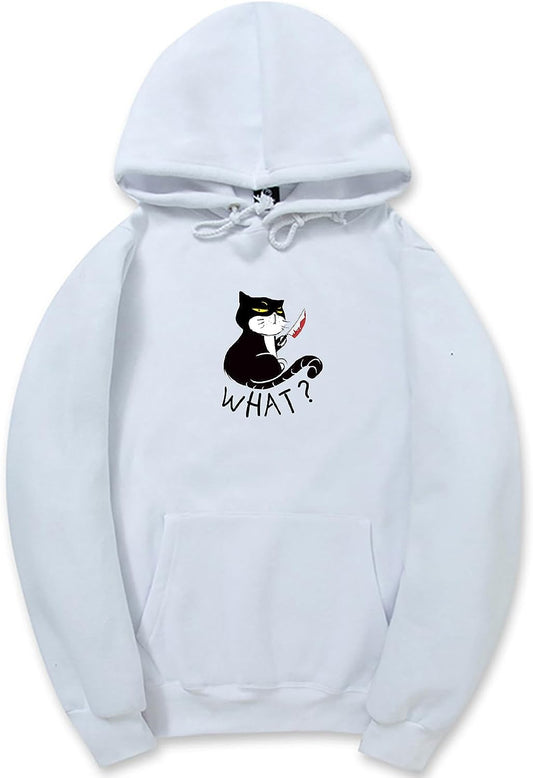 CORIRESHA Sudadera con capucha unisex divertida con cuchillo y gato con cordón y bolsillo canguro para Halloween