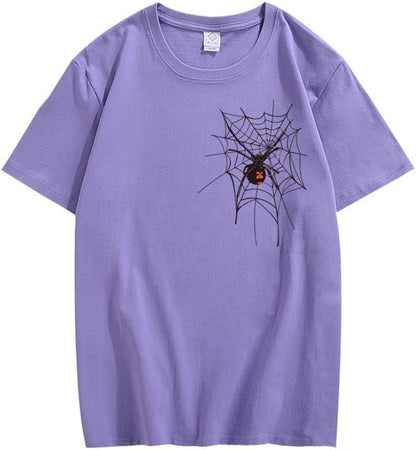 CORIRESHA Halloween Spider Web Camiseta Cuello Redondo Manga Corta Casual Adolescente Y2K Estética Ropa