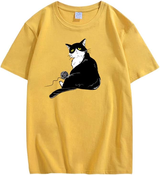 CORIRESHA Teen's Cute Cat T-Shirt Casual Crew Neck Short Sleeve Cotton Loose Top