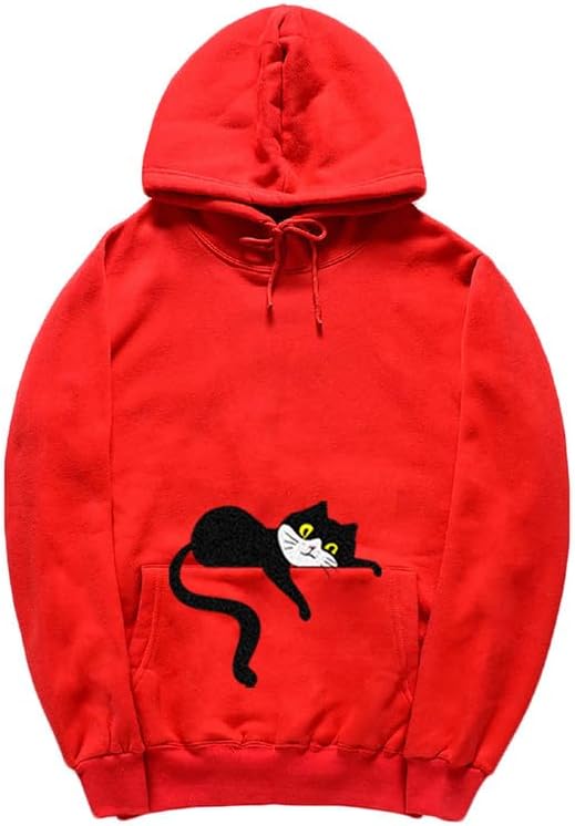 CORIRESHA Unisex Cute Lazy Cat Hoodie Long Sleeve Drawstring Pocket Cotton Sweatshirt