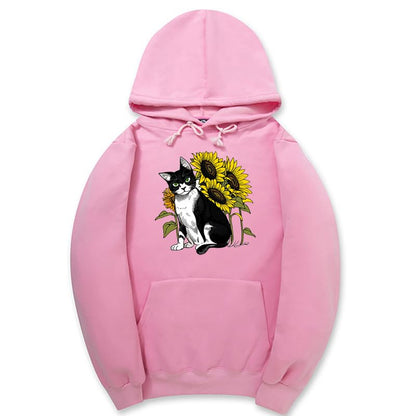 CORIRESHA Lindo Gato Sudadera con capucha Casual Manga Larga Cordón Girasol Sudadera