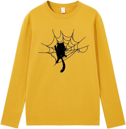 CORIRESHA Halloween Spider Web Crew Neck Long Sleeve Casual Cat Lover T-Shirt