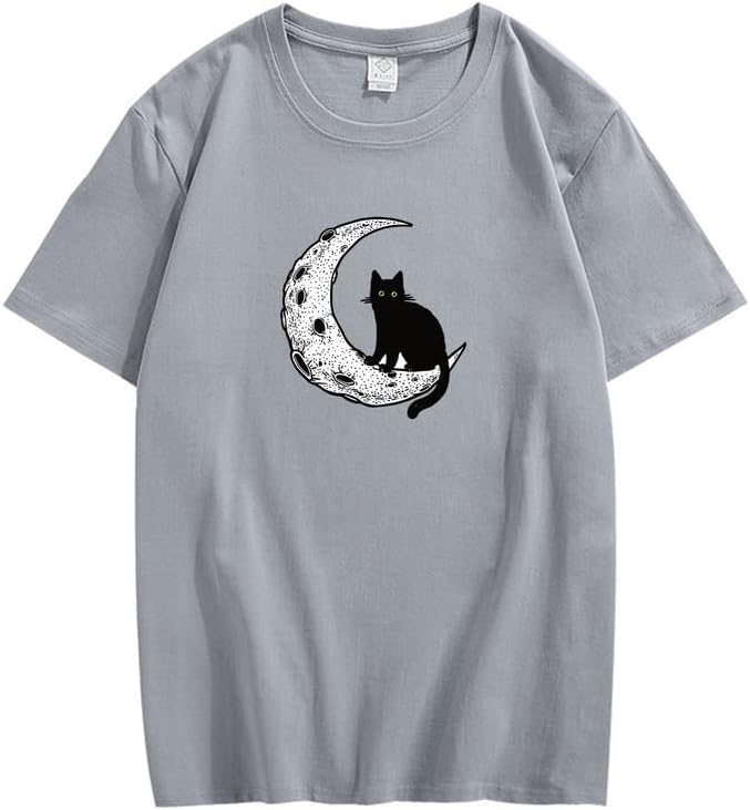 CORIRESHA Camiseta unisex de manga corta con cuello redondo y diseño de gato lunar, informal, de algodón suave