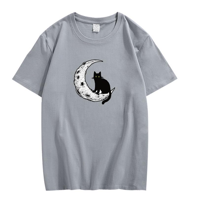 CORIRESHA Camiseta unisex de manga corta con cuello redondo y diseño de gato lunar, informal, de algodón suave